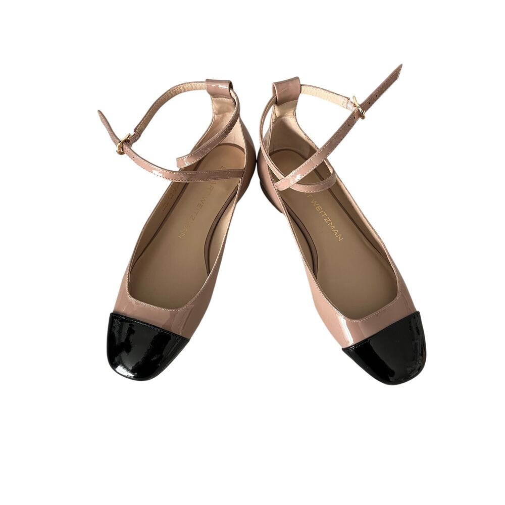 Stuart Weitzman Nude Patent Cap Toe Ankle Strap Flats Pink Beige 4.5B